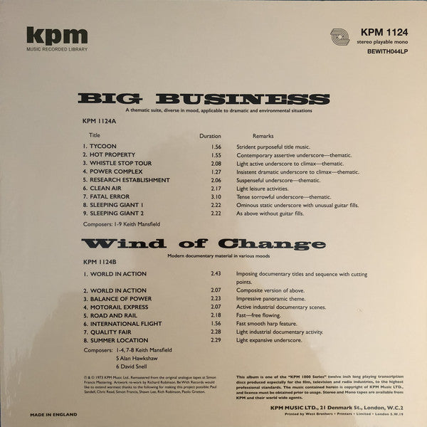 Keith Mansfield / Alan Hawkshaw / David Snell ‎– Big Business / Wind Of Change (1973) - New LP Record 2018 kpm/Be With UK Import 180 gram Vinyl - Jazz / Jazz-Funk
