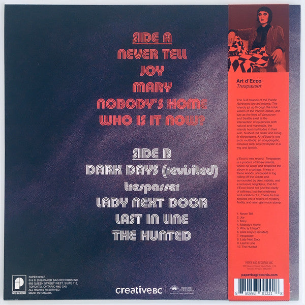 Art d'Ecco ‎– Trespasser - New LP Record 2021 Paper Bag Canada Import Red Vinyl - Art Rock / Glam - Shuga Records
