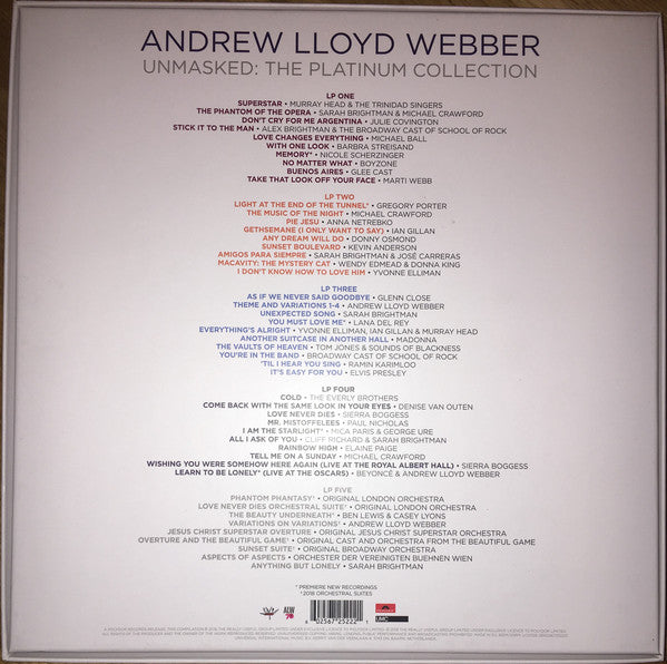 Andrew Lloyd Webber (with Beyoncé‎, Lana Del Rey & many more) – Unmasked: The Platinum Collection - New 5 LP Record Box Set 2018 Polydor UK Vinyl & Book - Pop / Musical / Stage & Screen