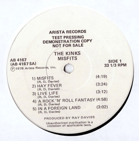 The Kinks – Misfits - VG+ LP Record 1978 Arista USA Test Pressing Promo Vinyl - Pop Rock / Classic Rock