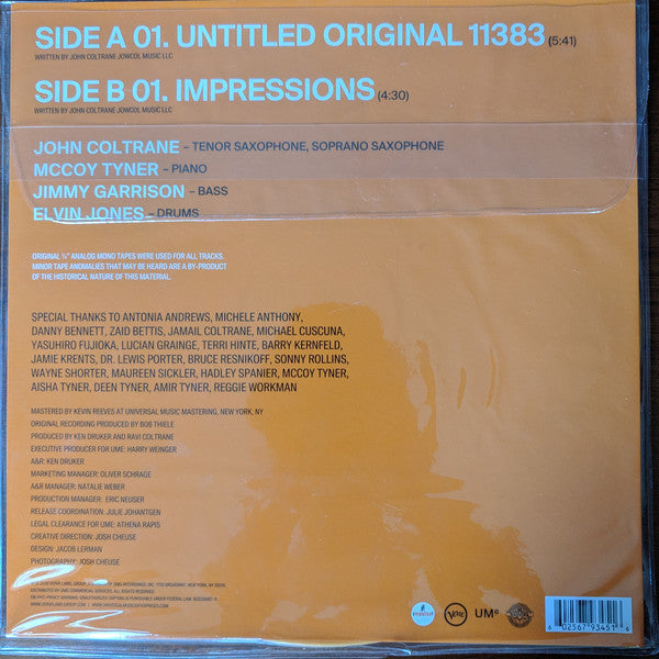 John Coltrane ‎– Untitled Original 11383 / Impressions - New 12" Single Record Store Day 2018 Verve USA RSD Black Friday Orange Vinyl - Jazz