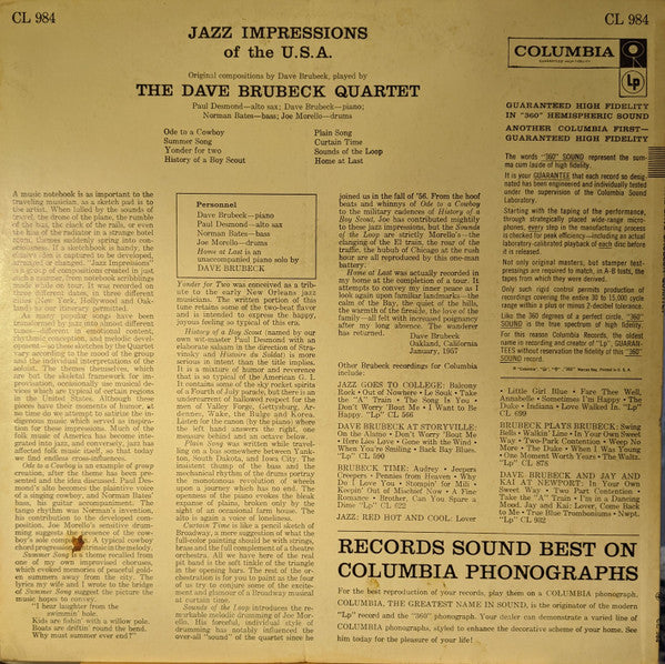 The Dave Brubeck Quartet – Jazz Impressions Of The U.S.A. - VG+ LP Record 1957 Columbia USA Mono 6 eye Vinyl - Jazz / Bop - Shuga Records