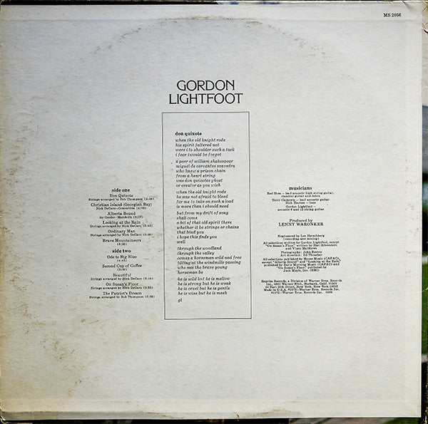 Gordon Lightfoot ‎– Don Quixote - VG+ 1972 Stereo (Original Press) USA - Rock