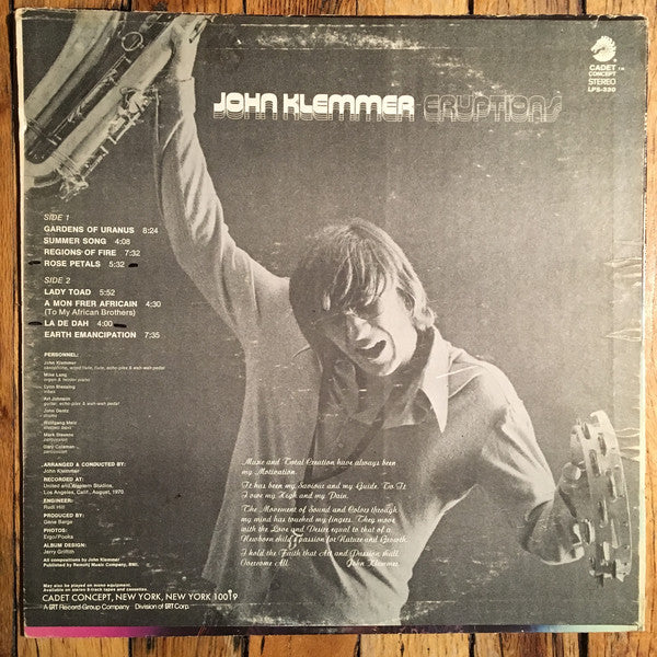 John Klemmer – Eruptions - VG+ LP Record 1970s Cadet Concept USA Vinyl - Jazz / Soul-Jazz - Shuga Records