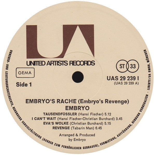 Embryo – Embryo's Rache - Mint- LP Record 1971 United Artists Germany Vinyl - Psychedelic Rock / Krautrock / Jazz-Rock - Shuga Records