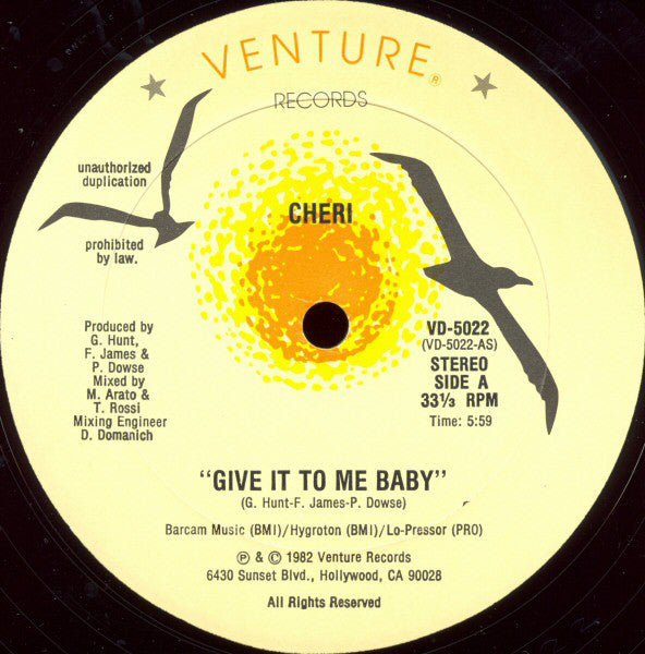 Cheri – Give It To Me Baby - VG+ 12" Single USA 1982 - Funk/Boogie