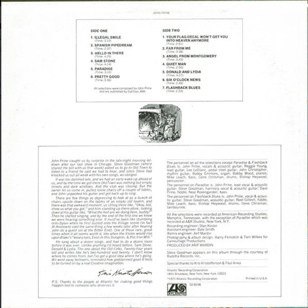 John Prine – John Prine (1972) - VG+ LP Record 1975 Atlantic USA Vinyl - Rock / Country Rock - Shuga Records
