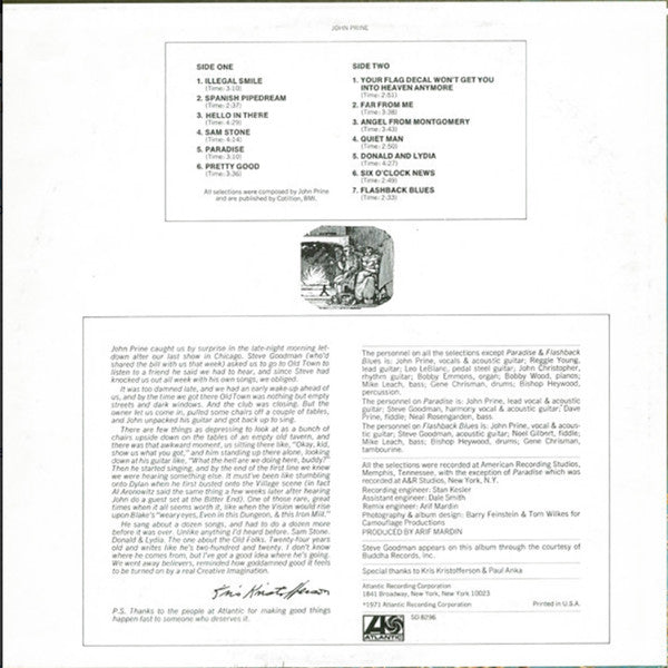 John Prine – John Prine (1972) - VG+ LP Record 1975 Atlantic USA Vinyl - Rock / Country Rock