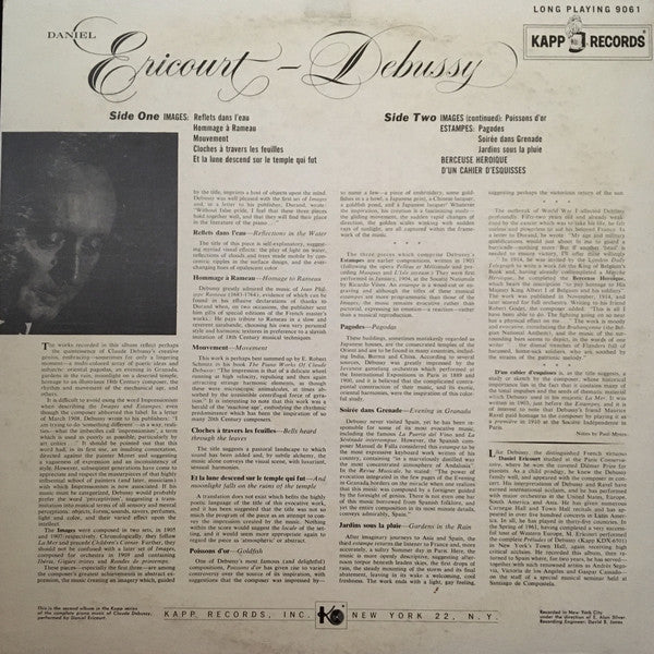 Daniel Ericourt ‎– Debussy: Images, Estampes, D'Un Cahier D'Esquisses, Berceuse Heroique - VG+ Lp Record 1961 Kapp USA Stereo Vinyl - Classical - Shuga Records