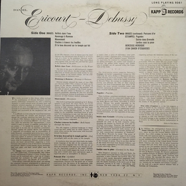Daniel Ericourt ‎– Debussy: Images, Estampes, D'Un Cahier D'Esquisses, Berceuse Heroique - VG+ Lp Record 1961 Kapp USA Stereo Vinyl - Classical