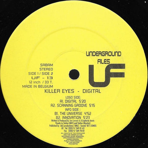 Killer Eyes – Digital - New 12" Single Record 1997 Underground Files Belgium Vinyl - Trance