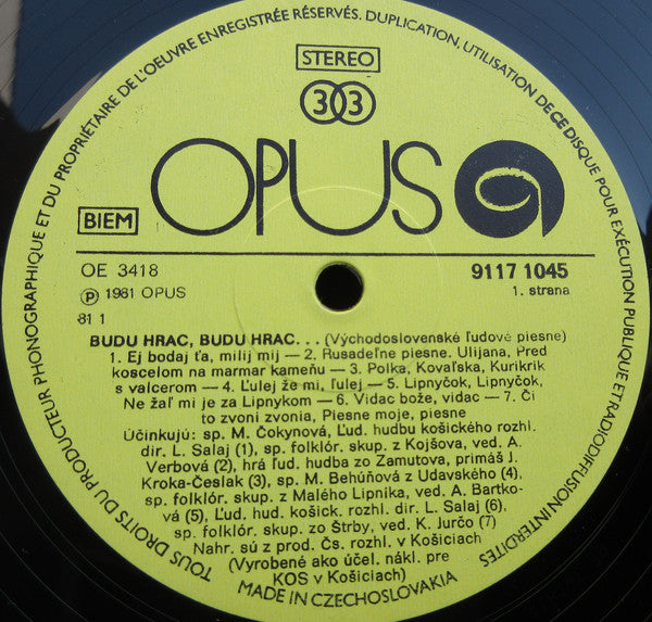 Various – Budu Hrac, Budu Hrac ... - VG+ LP Record 1981 Opus Czechoslovakia Import Vinyl - World / Czechoslovakia / Folk - Shuga Records