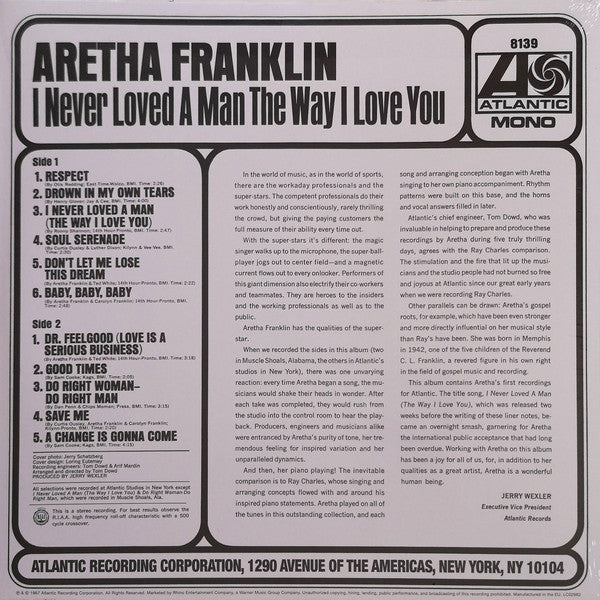 Aretha Franklin (1967) – I Never Loved A Man The Way I Love You - New LP Record 2013 Atlantic Europe Import 180 gram Vinyl - Soul / Funk - Shuga Records