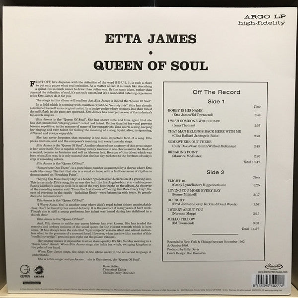 Etta James ‎– Queen Of Soul (1965) - New LP Record 2019 Argo USA 180 gram Vinyl - Soul - Shuga Records