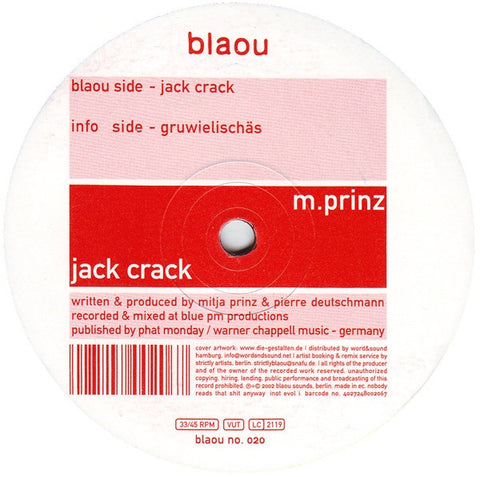 M.Prinz – Jack Crack - New 12" Single Record 2002 Blaou Germany Vinyl - Tech House