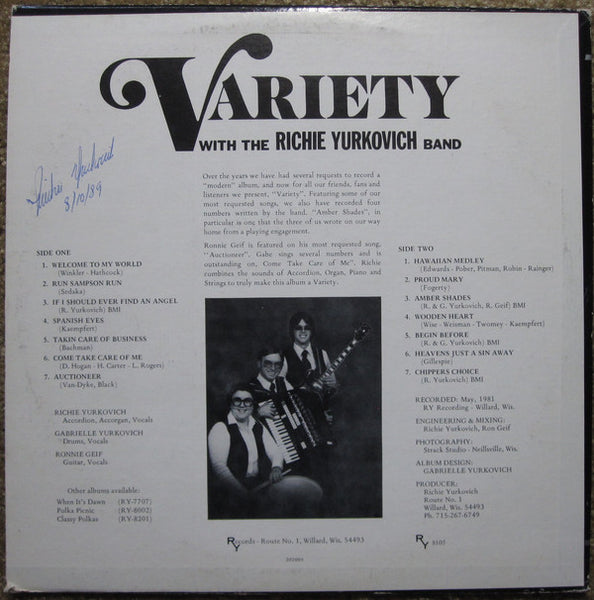 The Richie Yurkovich Band – Variety With The Richie Yurkovich Band - VG+ LP Record 1981 RY USA Vinyl - Polka / Pop / World - Shuga Records
