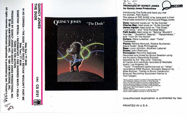 Quincy Jones – The Dude - Used Cassette 1981 A&M Columbia House Tape - Jazz / Funk/Soul / Disco / Soul-Jazz - Shuga Records