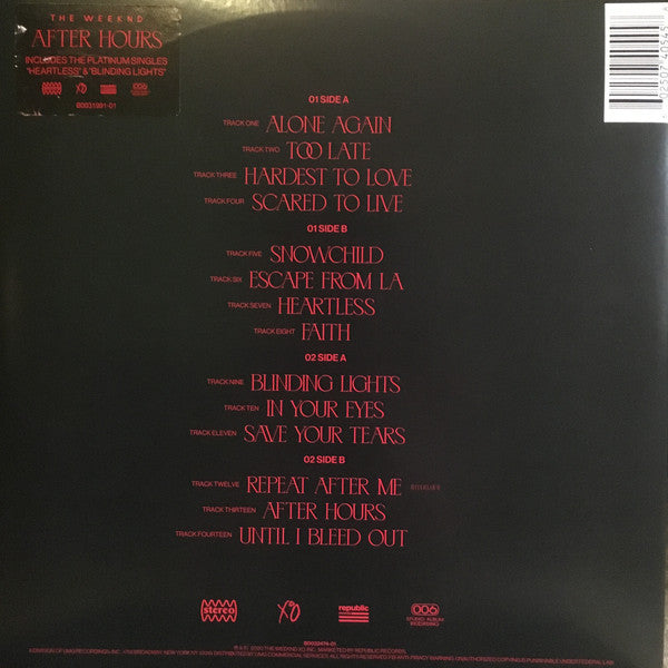 The Weeknd – After Hours  - New 2 LP Record 2020 XO Republic Target Exclusive Gold w/ Red Splatter Vinyl - R&B / Hip Hop / Pop