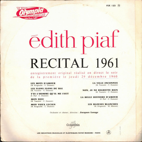 Edith Piaf – Récital 1961 - VG LP Record 1961 Columbia France Mono Vinyl - French Pop / Chanson - Shuga Records