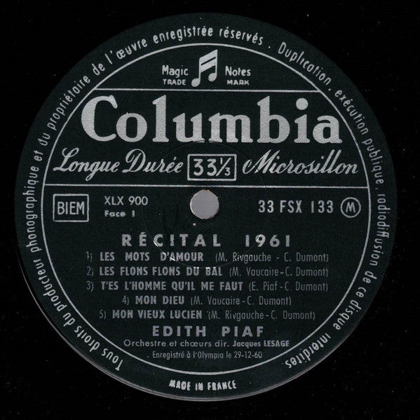 Edith Piaf – Récital 1961 - VG LP Record 1961 Columbia France Mono Vinyl - French Pop / Chanson - Shuga Records