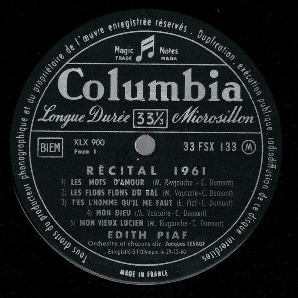 Edith Piaf – Récital 1961 - VG LP Record 1961 Columbia France Mono Vinyl - French Pop / Chanson