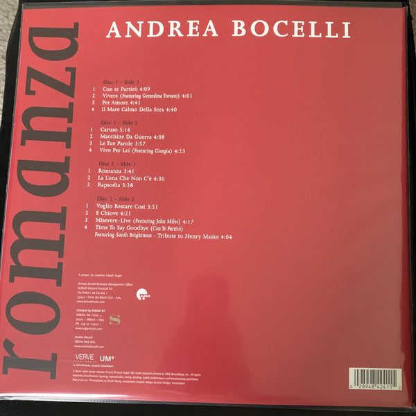 Andrea Bocelli ‎– Romanza Verve Target Exclusive USA Red Vinyl - Classical / Opera - Shuga Records