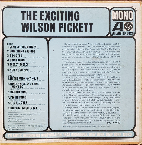 Wilson Pickett – The Exciting Wilson Pickett - VG+ LP Record 1966 Atlantic Mono USA Vinyl - Soul / Rhythm & Blues