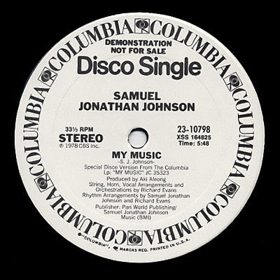 Samuel Jonathan Johnson – You / My Music - Mint- 12" Promo Single Record 1978 Columbia Vinyl - Disco