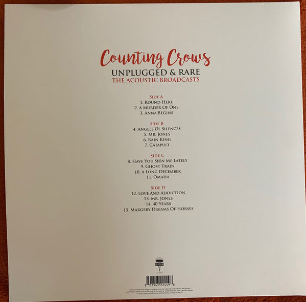 Counting Crows – Unplugged & Rare The Acoustic Broadcasts - New 2 LP Record 2020 Parachute Europe Import Vinyl - Alternative Rock / Acoustic - Shuga Records