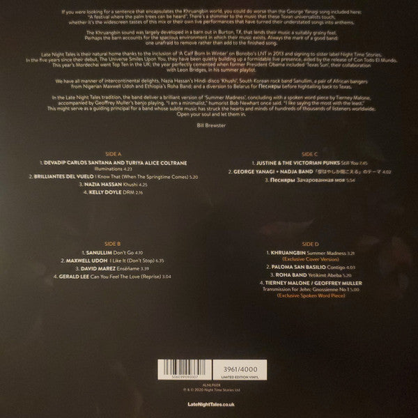Khruangbin ‎– LateNightTales - Mint- 2 LP Record 2020 LateNightTales Limited Numbered Orange Vinyl - Psychedelic / Funk / Jazz - Shuga Records