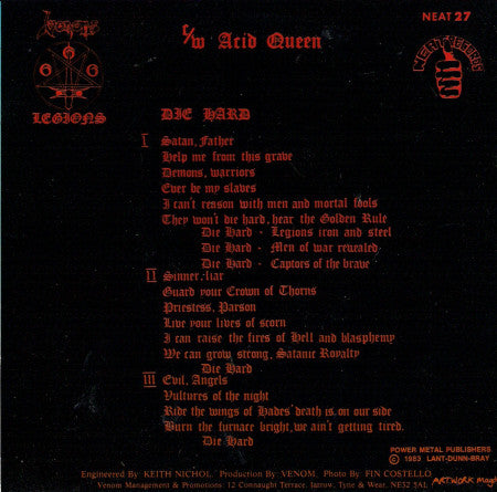 Venom – Die Hard - Mint- 7" Single Record 1983 Neat UK Vinyl - Black Metal / Heavy Metal - Shuga Records