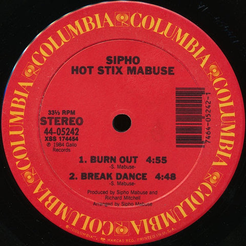 Sipho Hot Stix Mabuse – Burn Out - VG+ 12" EP Record 1984 Columbia USA Vinyl - Disco / Funk