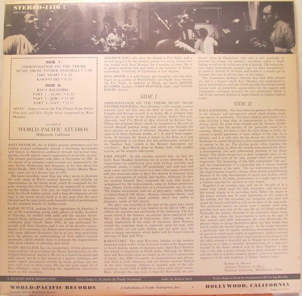 Ravi Shankar ‎– Improvisations And Theme From Pather Panchali - VG+ LP Record 1962 World Pacific USA Vinyl - World / Jazz / Indian Classical / Hindustani - Shuga Records