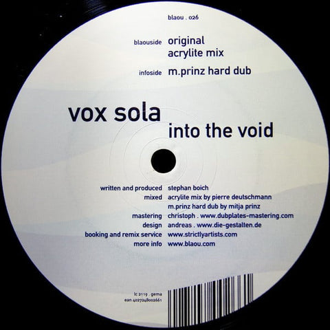 Vox Sola – Into The Void - Mint- 12" Single Record 2003 Blaou Germany Vinyl - House / Techno