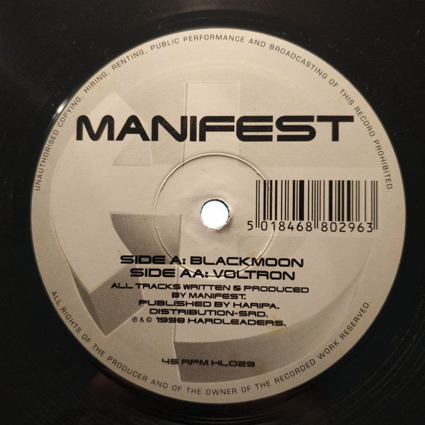 Manifest – Blackmoon / Voltron - New 12" Single Record 1998 Hardleaders UK Vinyl - Drum n Bass