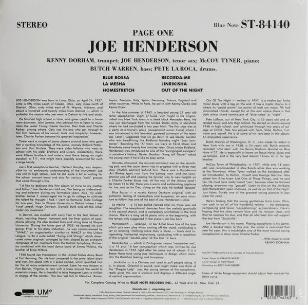 Joe Henderson ‎– Page One (1963) - New LP Record 2021 Blue Note 180 gram Vinyl - Jazz - Shuga Records