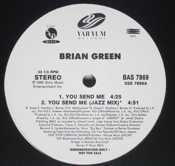 Brian Green – You Send Me - VG+ 12" USA 1996 Promo - Hip Hop - Shuga Records
