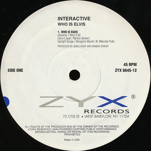 Interactive – Who Is Elvis - VG+ 12" Single Record 1992 ZYX USA Vinyl - Techno / Hardcore