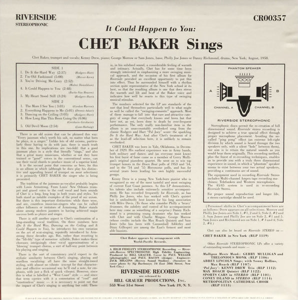 Chet Baker - It Could Happen To You (1958) - Mint- LP Record 2021 Riverside Craft 180 gram Vinyl - Cool Jazz - Shuga Records