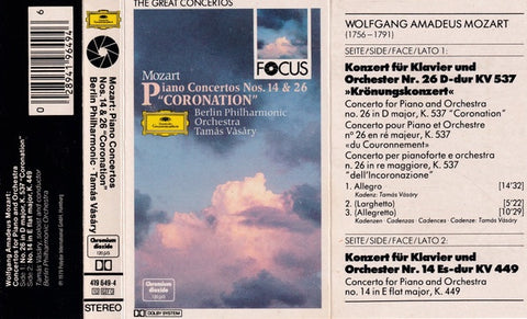 Mozart • Tamás Vásáry • Berliner Philharmoniker – Piano Concertos Nr. 14 & 26 "Coronation - Used Cassette 1987 Deutsche Grammophon Tape - Classical