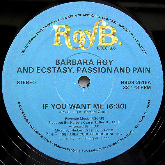 Barbara Roy And Ecstasy, Passion And Pain – If You Want Me VG+ 1981 USA 12" - Disco