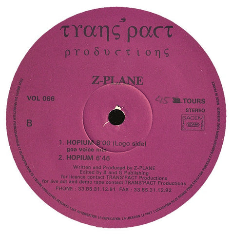 Z-Plane – Hopium - New 12" Single Record 1995 Trans'Pact France Vinyl - Goa Trance