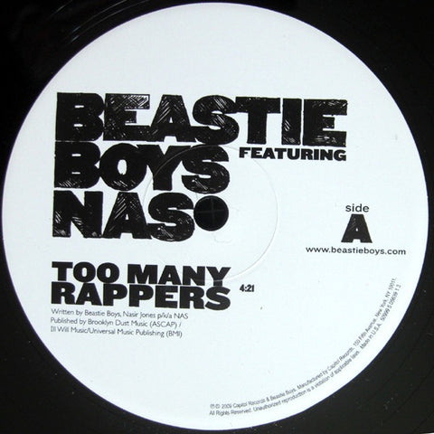 Beastie Boys Featuring Nas – Too Many Rappers - New 12" Single Record 2009 Capitol Records Vinyl - Hip Hop