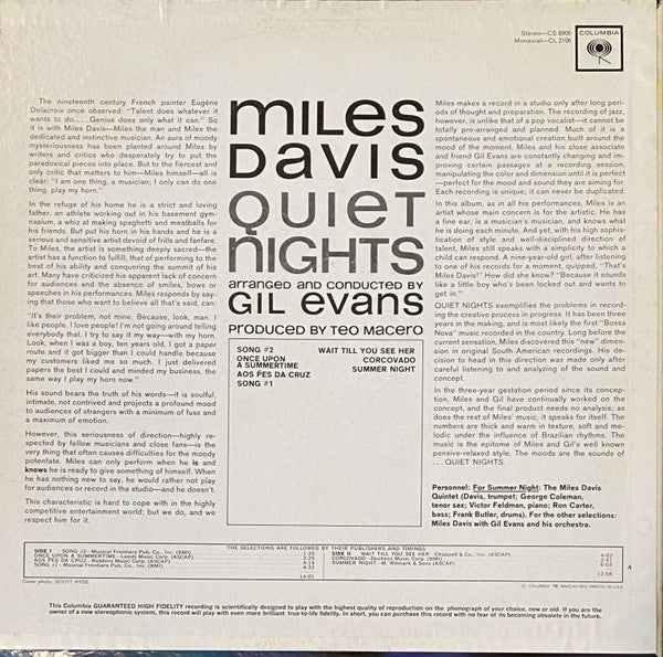 Miles Davis - Quiet Nights - VG+ LP Record 1964 Columbia USA Mono Vinyl - Jazz / Modal / Latin Jazz - Shuga Records