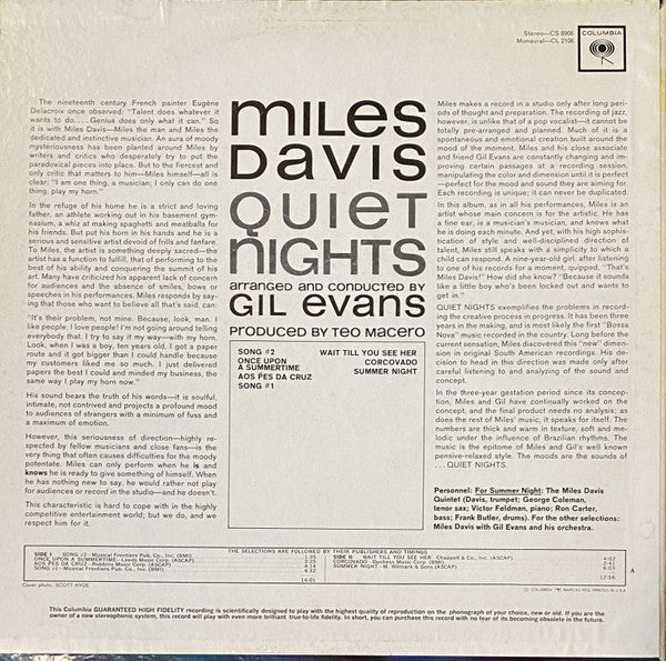 Miles Davis - Quiet Nights - VG+ LP Record 1964 Columbia USA Mono Vinyl - Jazz / Modal / Latin Jazz