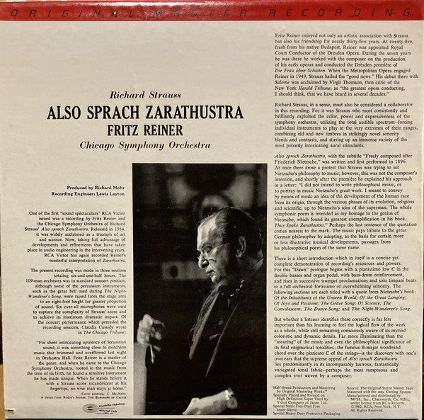 Strauss, Fritz Reiner, Chicago Symphony – Also Sprach Zarathustra - Mint- LP Record 1970's MFSL Mobile Fidelity Sound Lab Japan Import Vinyl - Classical