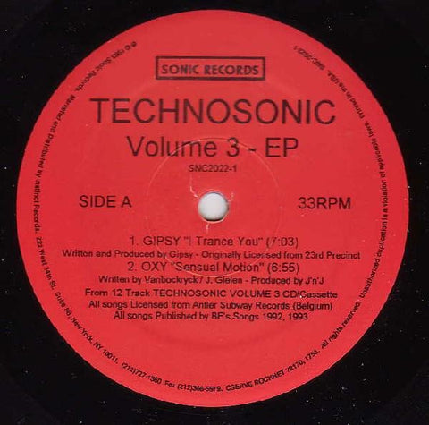 Various – Technosonic Volume 3 - EP - VG+ EP Record 1993 Sonic USA Vinyl - Trance / Techno