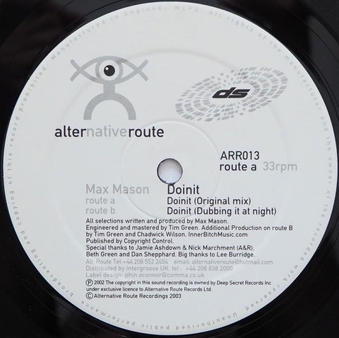 Max Mason – Doinit - Mint- 12" Single Record Alternative Route UK Import Alternative Route Vinyl - Tribal House / Tech House