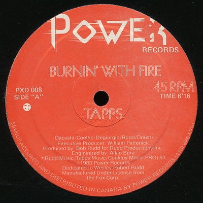 Tapps – Burnin' With Fire / My Forbidden Lover (Remix) - VG+ 12" Single Record 1983 Power Canada Vinyl - Hi NRG / Synth-pop / Disco