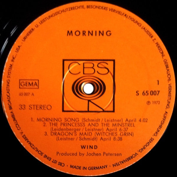 Wind – Morning - Mint- LP Record 1972 CBS Germany Vinyl - Prog Rock - Shuga Records